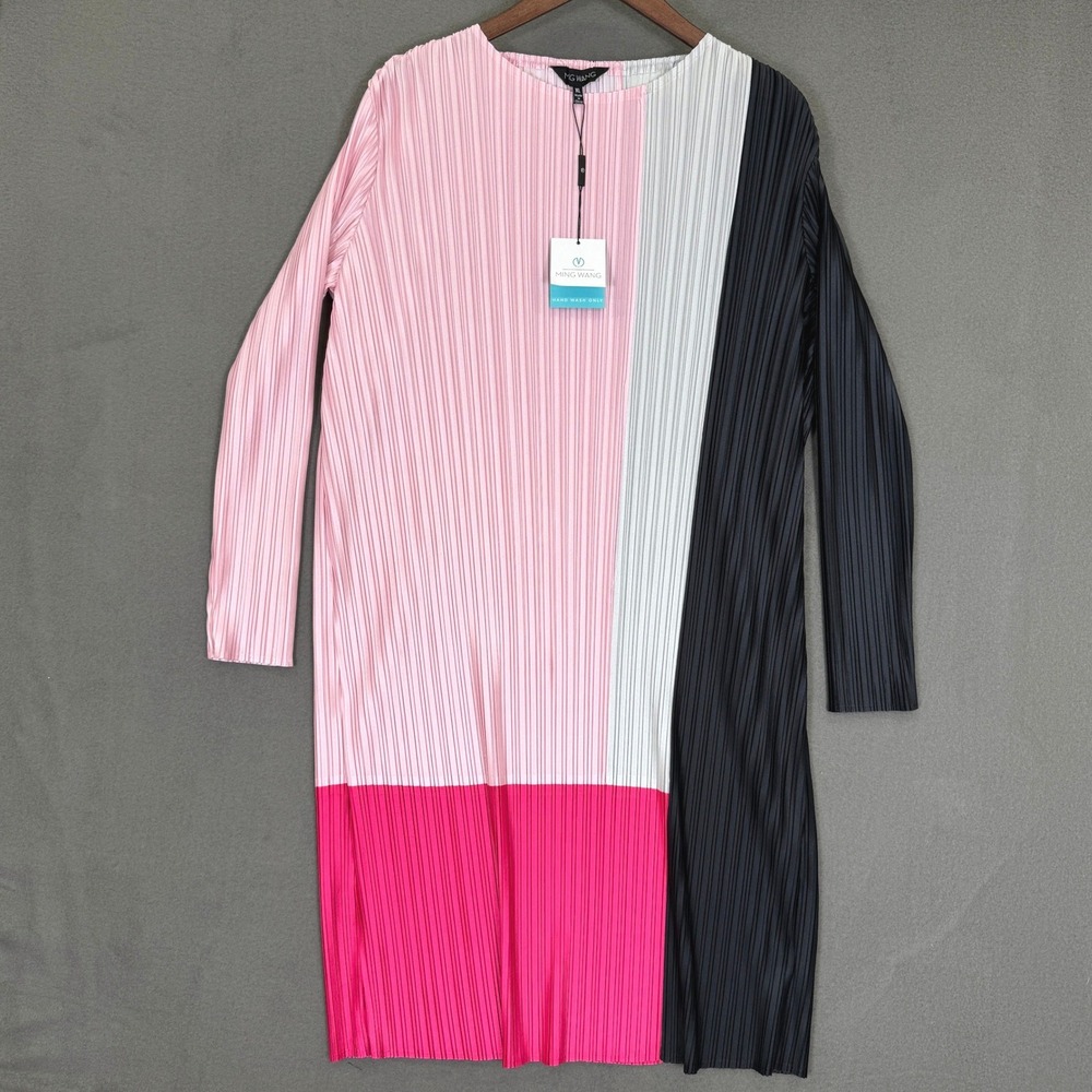New Ming Wang Dress Women XL Pink Black Colorblock Pleated M10609E Long Sleeve